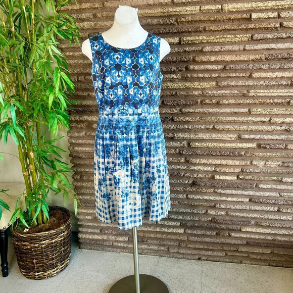 Talbots Blue Floral and Checked Fit and Flare Sleeveless Dress Size 12 Petite - Picture 1 of 6